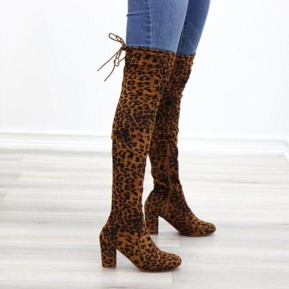 Suede Leopard Thigh High Heeled Boots - Picture 9 of 15